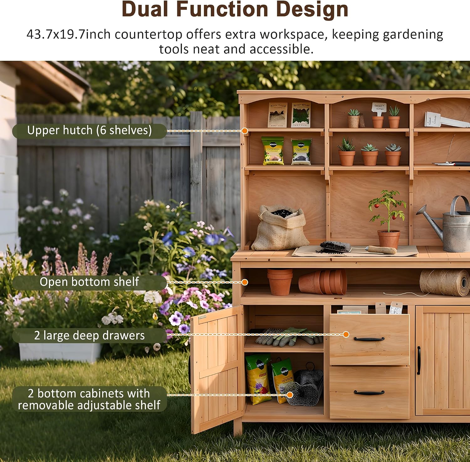 65' H Garden Potting Bench with Storage Drawers and 3 Cabinet, Multi-Functional Outdoor Patio Kitchen Island with Hutch and Hooks, Large Countertop for Gardening, Grill, Natural Wood