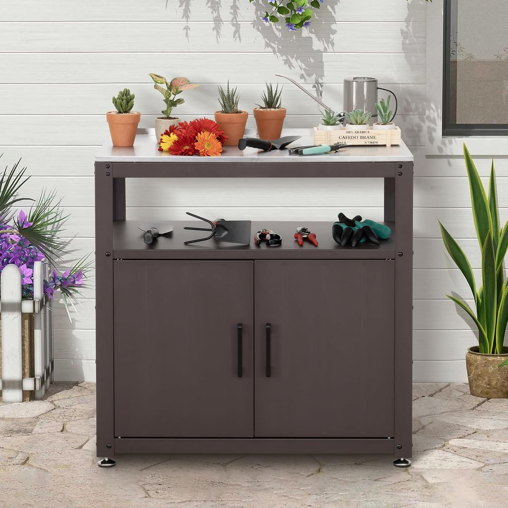 Feasto Heavy-Duty Potting Bench with Storage & Stainless Steel Top | Outdoor Garden Work Table with 200lb Capacity, Adjustable Shelf & Feet, Brown