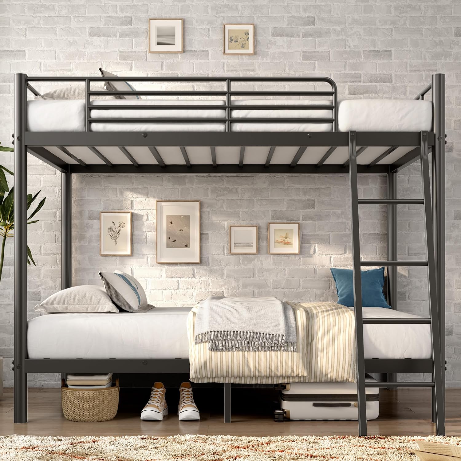 Bunk Bed Twin Over Twin, Heavy Duty Metal Bunk Bed with Ladder, More Stable and Safe for Teens, Students or Roommates, Space Saving for Apartment, Dorm or Small Room, Easy Assembly, Black