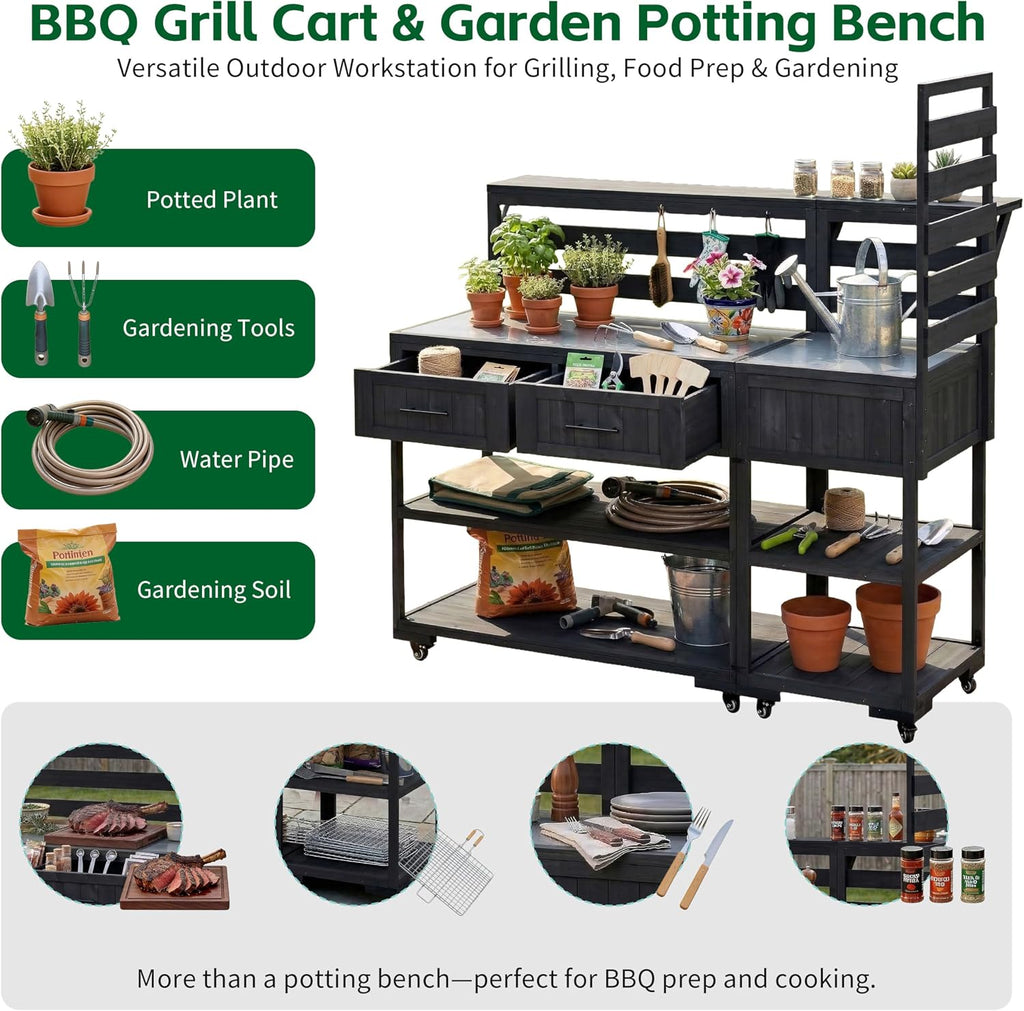 LUMISOL Outdoor Kitchen Island with Stainless Steel Top, Solid Wood Grill Table with Drawers for BBQ Party, Outdoor Garden Potting Bench with Raised Shelf, Black