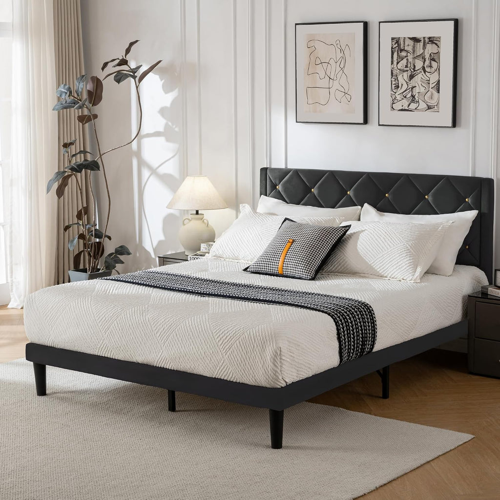 Full Size Platform Bed Frame with Velvet Headboard, Sturdy Wooden Slats Support, Mattress Foundation, No Box Spring Required, Non-Slip and Noise-Free, Easy Assembly, Black