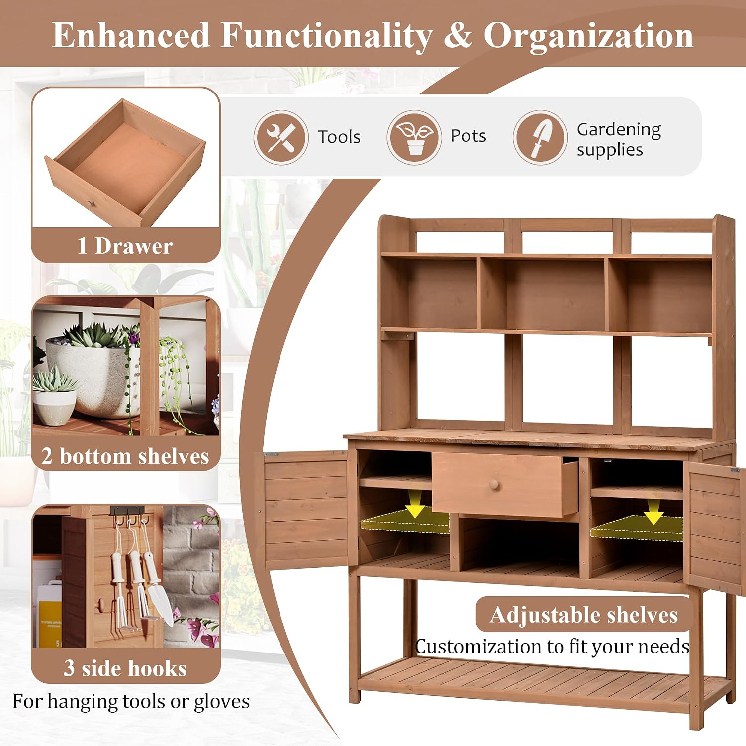 66' Wooden Potting Bench for Outdoor, Large Garden Potting Tables with Side Hooks, Storage Drawer & Adjustable Shelves, Garden Plant Work Bench Table for Backyard (Brown, 20' D X 50' W X 66' H)
