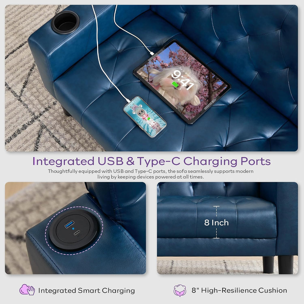 TYBOATLE 62' W Leather Loveseat w/Chairs, 3 Piece Sofa Sets for Living Room w/ 2 USB Charger Ports and 2 Cupholders, Living Room Furniture Sets of 3 (3, Blue)