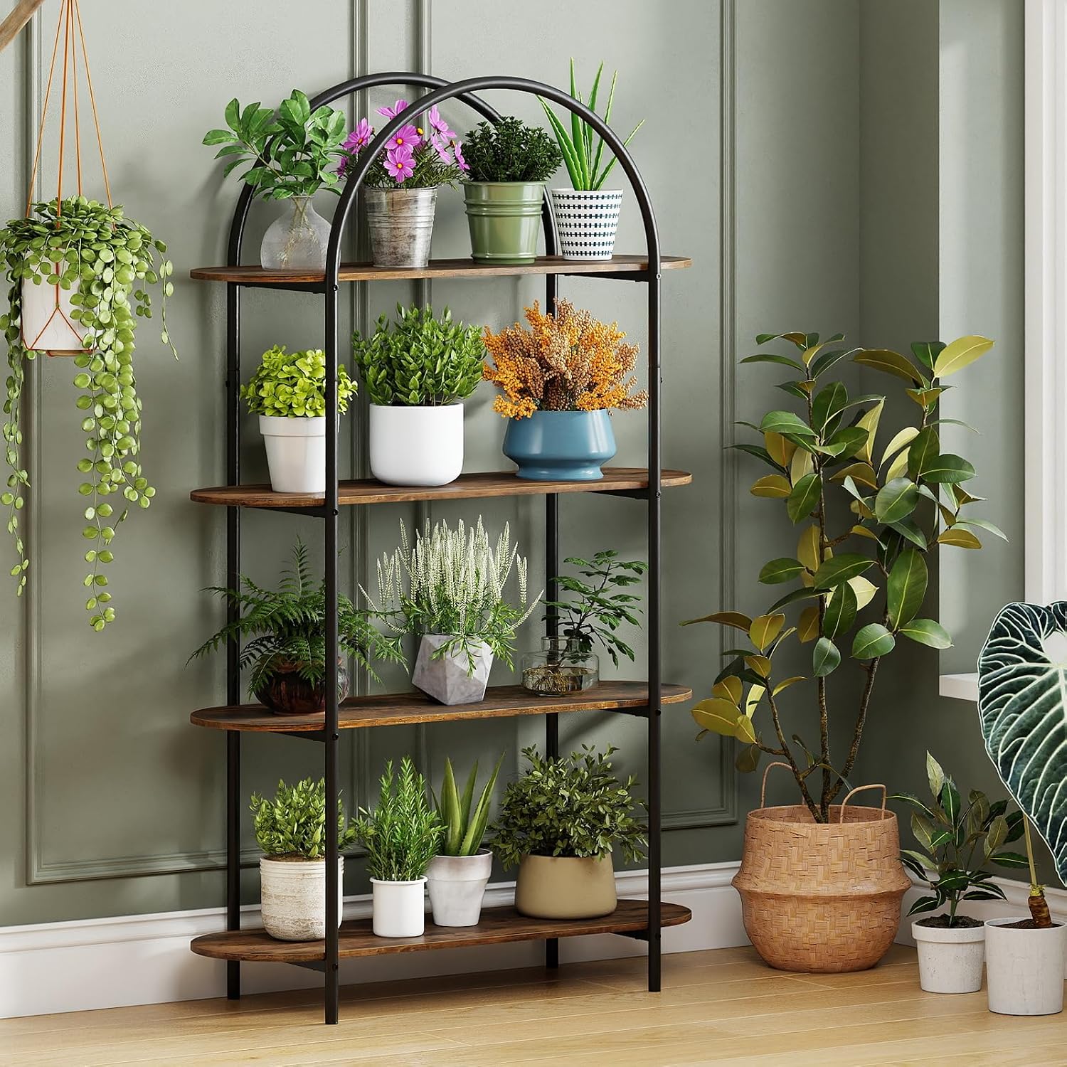 Giantex Arched Bookshelves Set of 2, 4-Tier Industrial Open Bookcase with Sturdy Metal Frame, Freestanding Display Storage Organizer for Living Room, Home Office and Bedroom, Rustic Brown