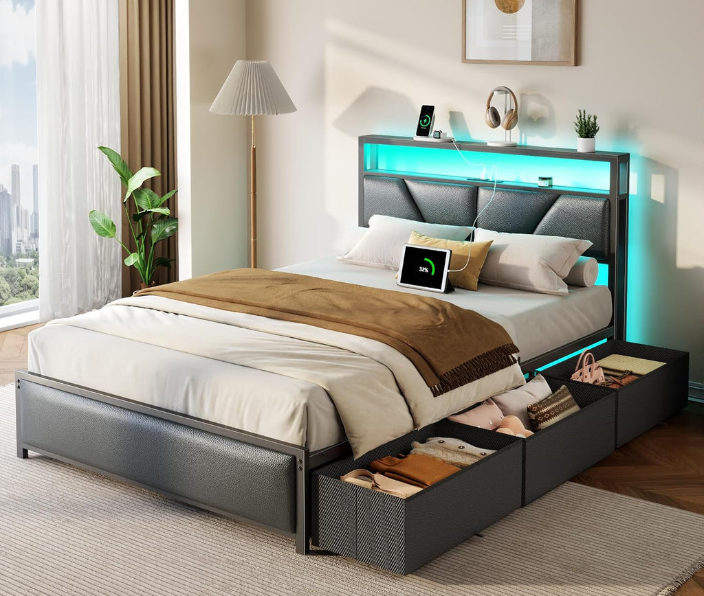 OURPIC Full Size Bed Frame, 6 Fabric Storage Drawers and 2-Tier Headboard, PU Leather Upholstered Platform Bed Frame Full with LED Lights and Charging Station, No Box Spring Needed, Noise Free