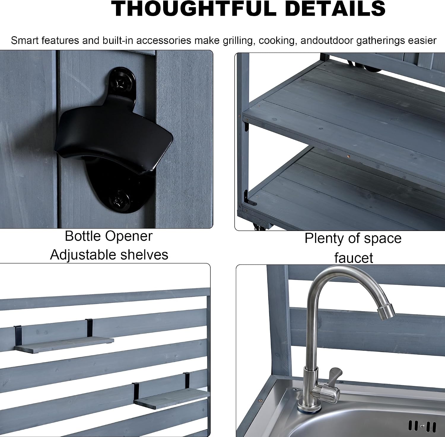 Outdoor Kitchen Island with Sink and Stainless Steel Top, 65 in | Fir wood, stainless steel top, sink, faucet, movable shelves, bottle opener, lockable wheels, 41.7 W x 16.6 D x 65 H in