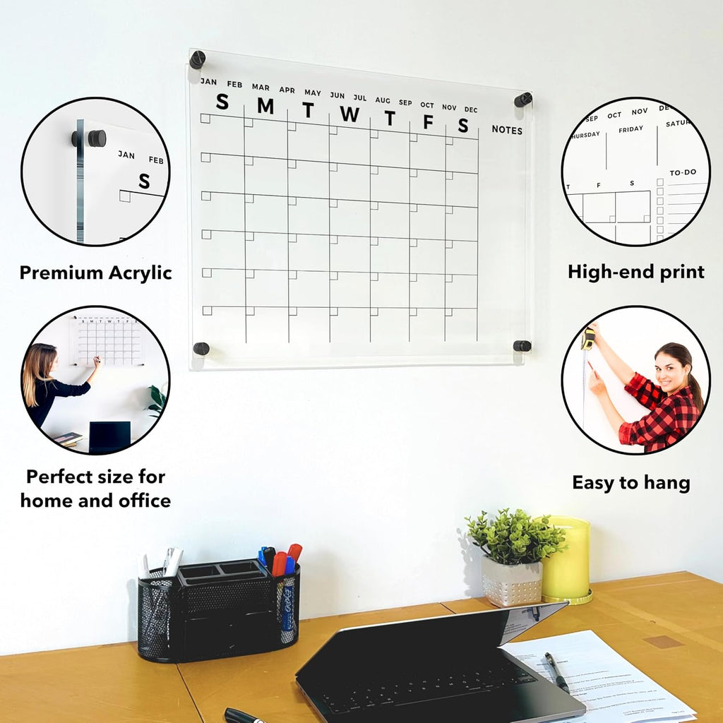 Acrylic Wall Premium Calendar with Black Hardware - Monthly and Weekly Board Family Planner - Dry Erase Calendar Family Calendar - Marker (Black Standoff, 36'x24' (Large))