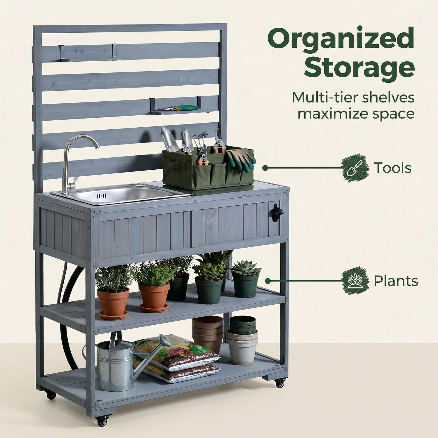 Outdoor Grill Table with Stainless Steel Sink, Outdoor Sink Station, 41.7' Rolling Kitchen Island Cart, Solid Wood Potting Table, 2 Shelves (Gray)