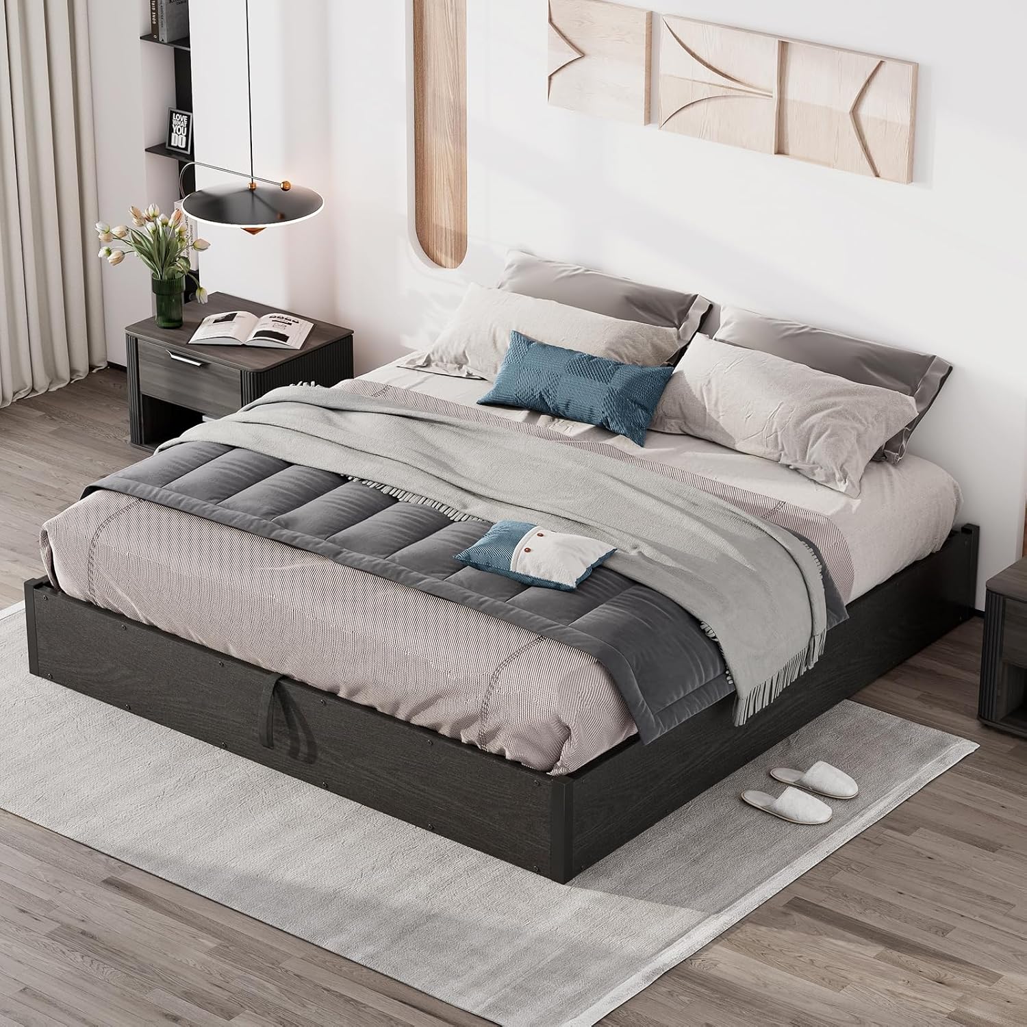 LUXOAK Full Size Lift Up Storage Platform Bed Frame, Metal Bed Frame with Wooden Slats Support, No Box Spring Needed, Large Storage Space, Noise Free, Easy Assembly, Black