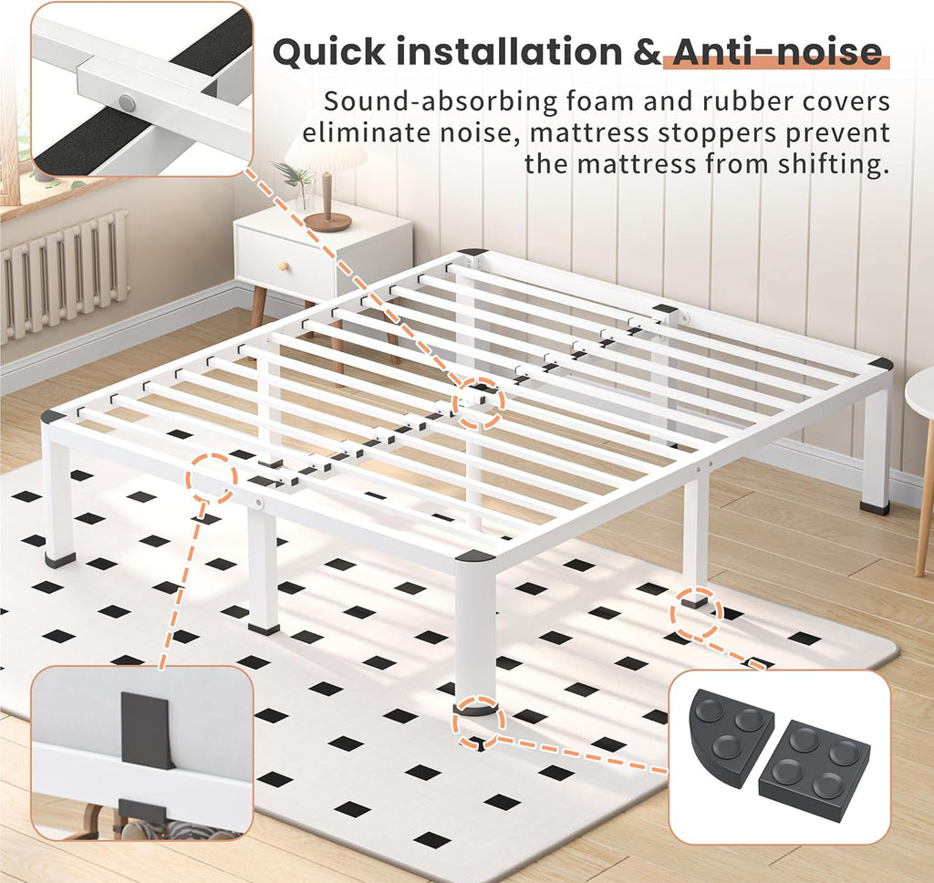 VIPSHOW 14 Inch White Full Heavy Duty 3500 lbs Bed Frame with Round-Corner Legs & Anti-Squeak Design – Quick Assembly Metal Platform, No Box Spring Needed