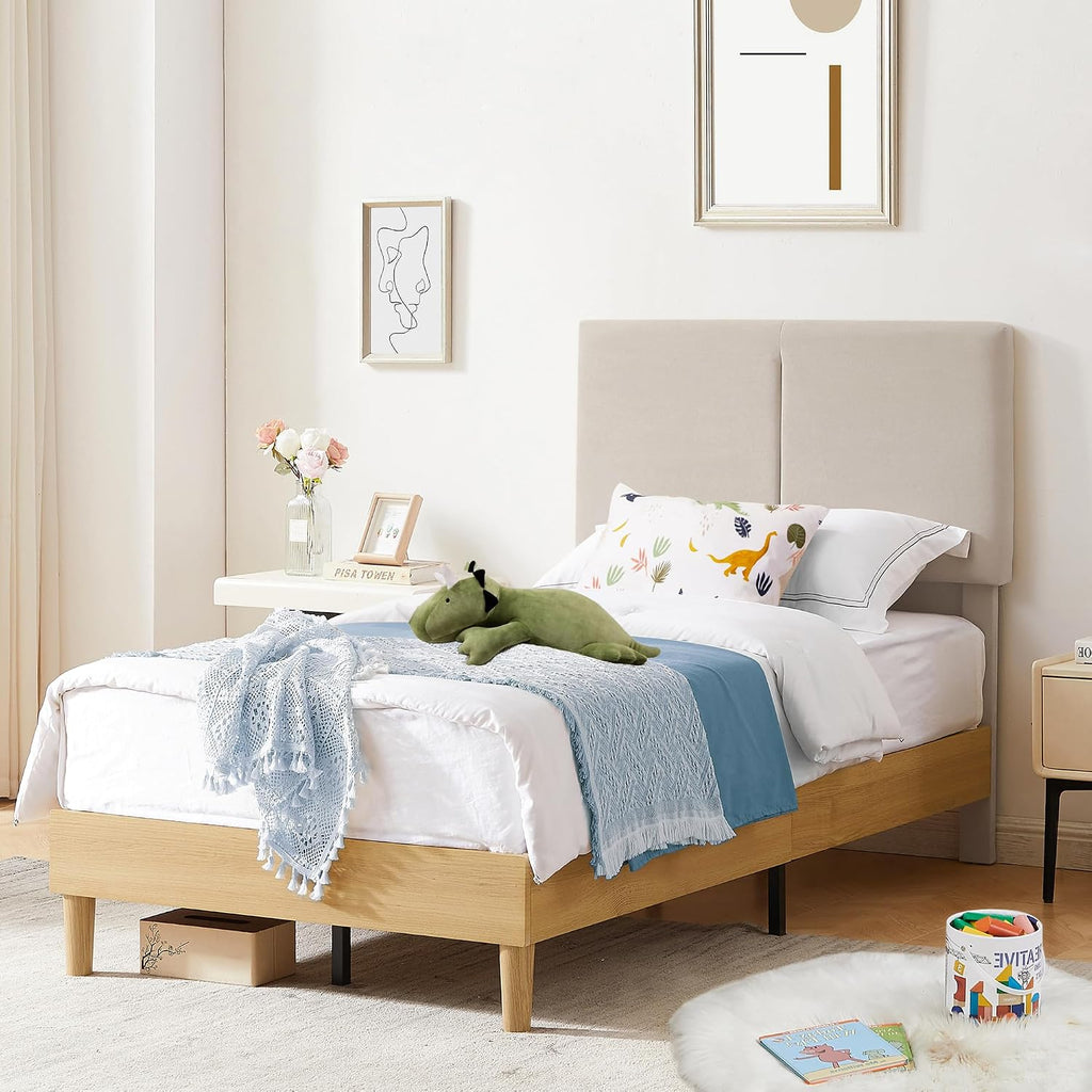 VECELO Twin Size Bed Frame Upholstered Platform Height-Adjustable Cotton and Linen Headboard, Heavy Duty Wood Slats, Noise-Free, No Box Spring Needed, Easy Assembly, Beige