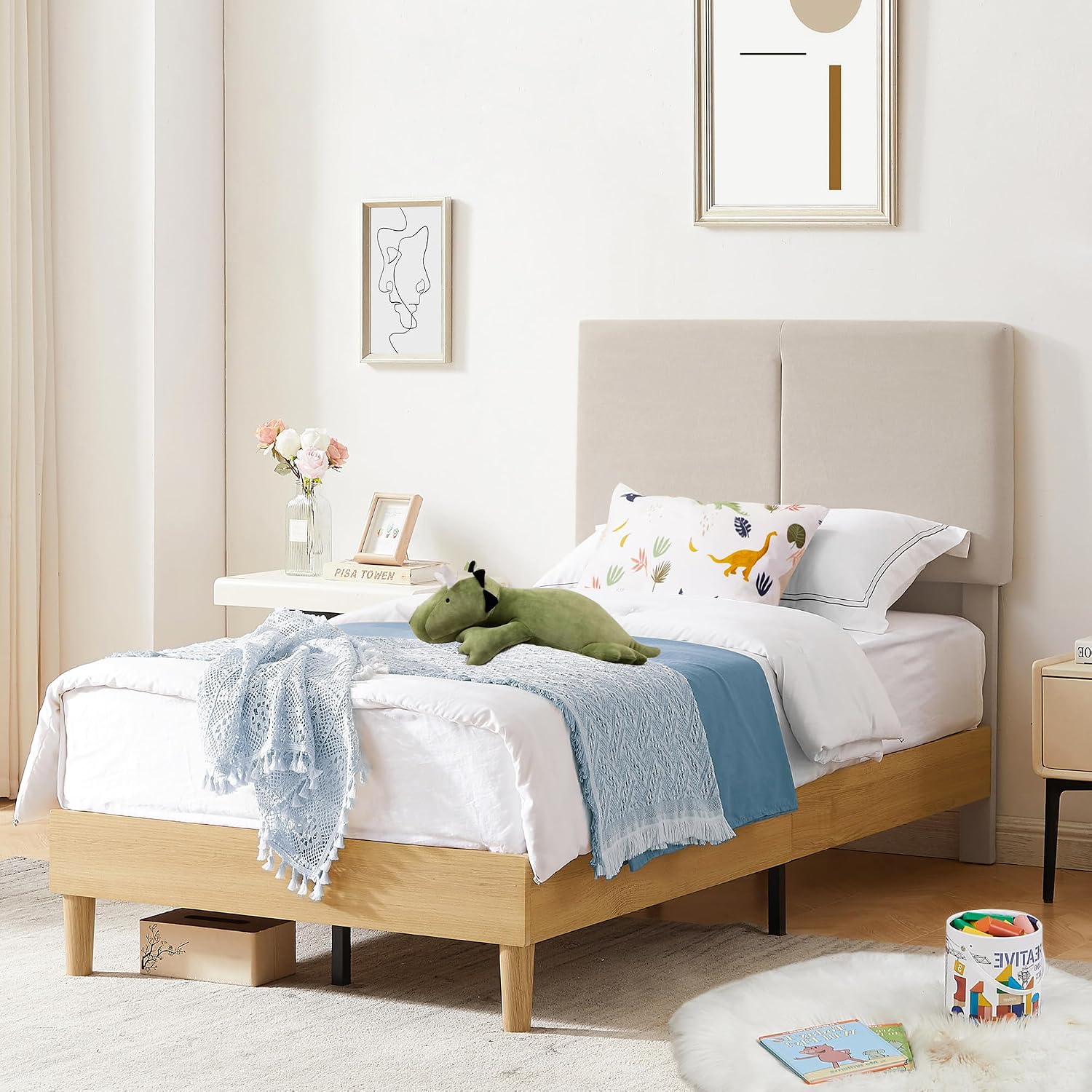 VECELO Twin Size Bed Frame Upholstered Platform Height-Adjustable Cotton and Linen Headboard, Heavy Duty Wood Slats, Noise-Free, No Box Spring Needed, Easy Assembly, Beige