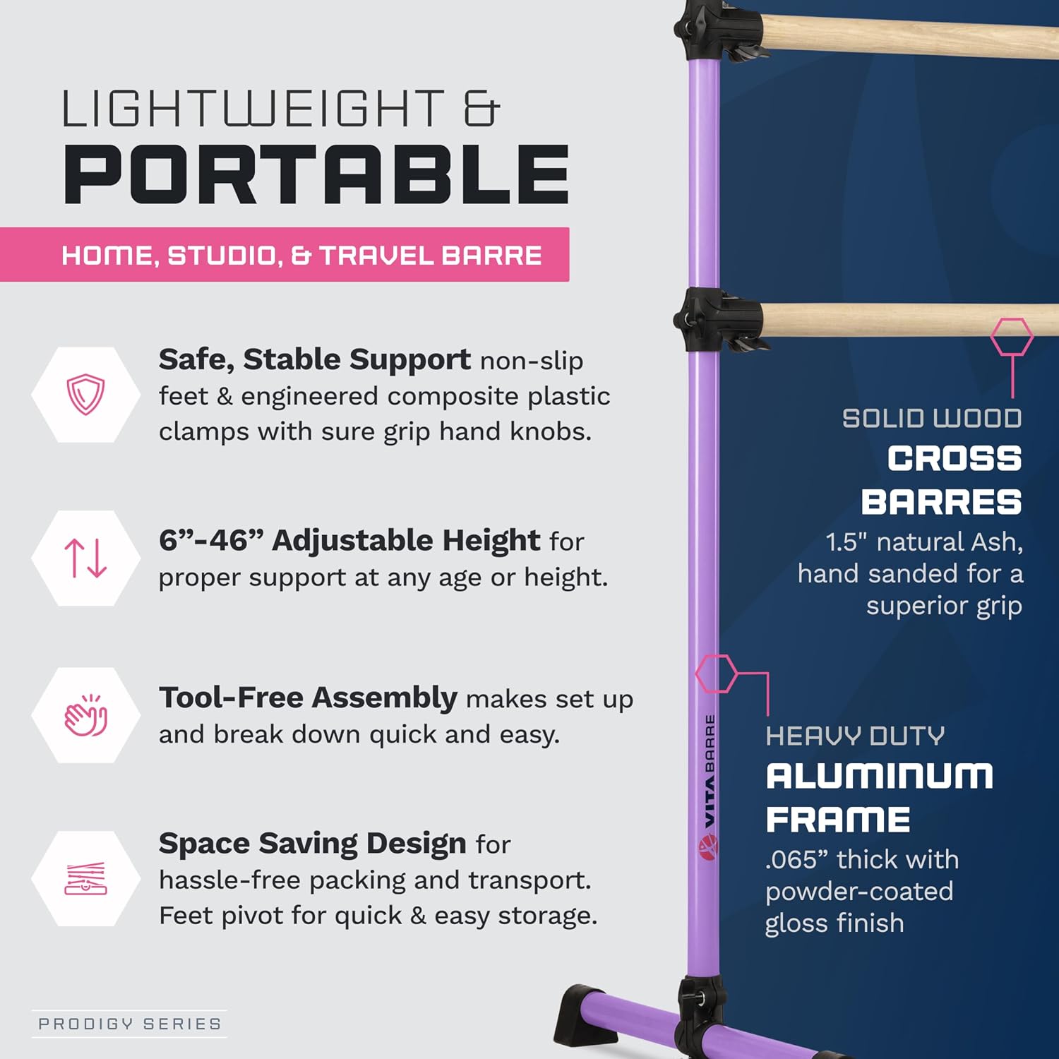 VITA Barre Portable Freestanding Double Ballet Barre, Prodigy, Wood | Adjustable Height, USA Made, Home or Gym Exercise Equipment for Kids & Adults | Dance, Fitness, Pilates