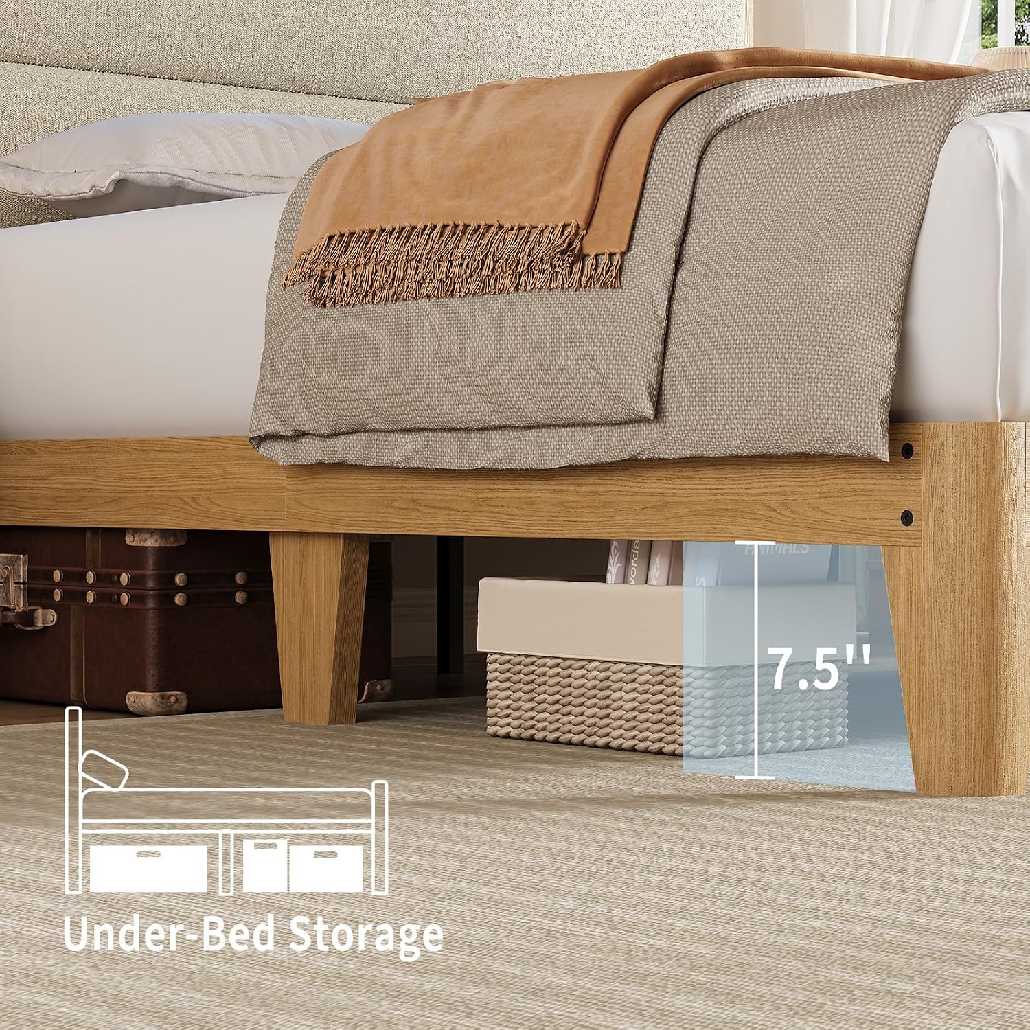 Garvee Queen Size Boucle Bed Frame with Headboard and LED Lights, Upholstered Platform Bed Frame with Charging Station and 2-Tier Storage Shelves, No Box Spring Needed, Easy Assembly, Cream