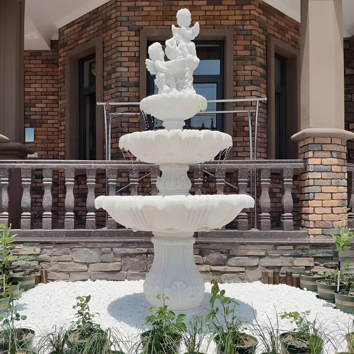 Large Outdoor Electric Water Fountain with Angel Top, 4-Tier Crystal Garden Fountain with LED Lights, Natural Crystals & Free Protective Cover for Lawn, Patio & Villa Décor (no pond, 120*120*160 CM)