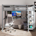 Merax Wood Loft Bed with Desk : Twin Size Loft Bed with 4-Storage Shelves and Under Bed Desk Solid Wood Bed, Grey
