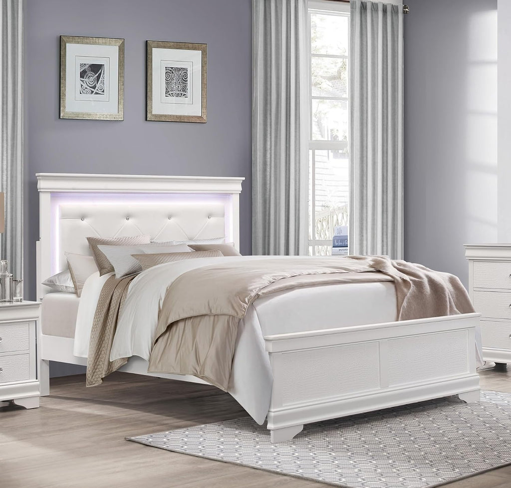 Glam 3-Pc Bedroom Set White Finish Full Size Button-Tufted Bed w LED Headboard Crocodile Texture Panels Wooden Furniture