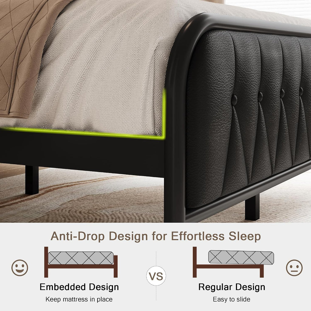 Einhomn Queen Bed Frame with Charging Station, Platform Bed with Faux Leather Upholstered Storage Headboard & Footboard, 12' Underbed Space, Noise-Free, Easy Assembly, No Box Spring Needed, Black