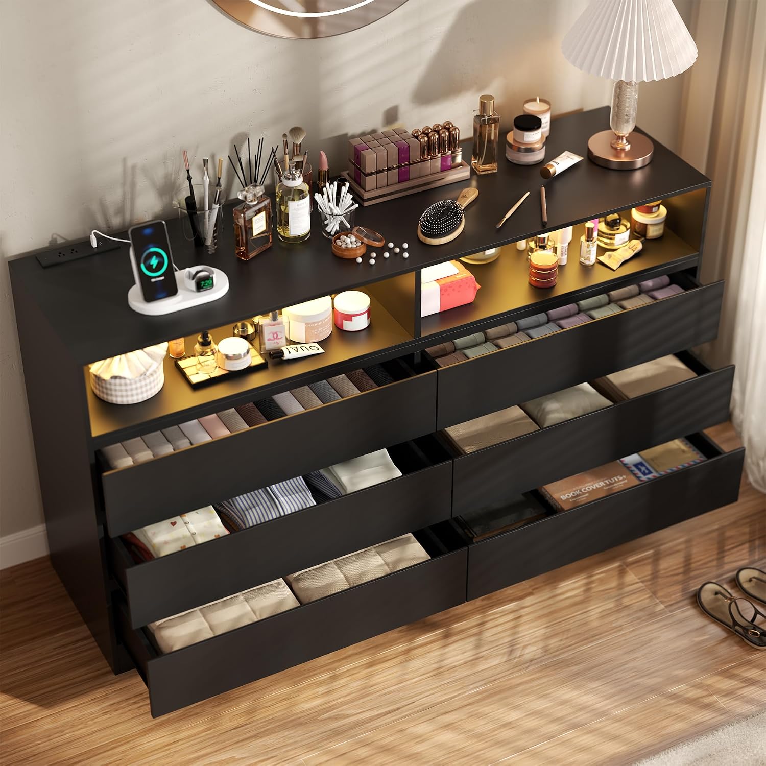 Gyfimoie 6 Drawer Dresser with Power Outlet, Modern Black Dresser Chest of Drawers with LED Ligh, Wooden Dressers TV Stand, Double Wide Dressers Organizer for Bedroom, Living Room, Entryway