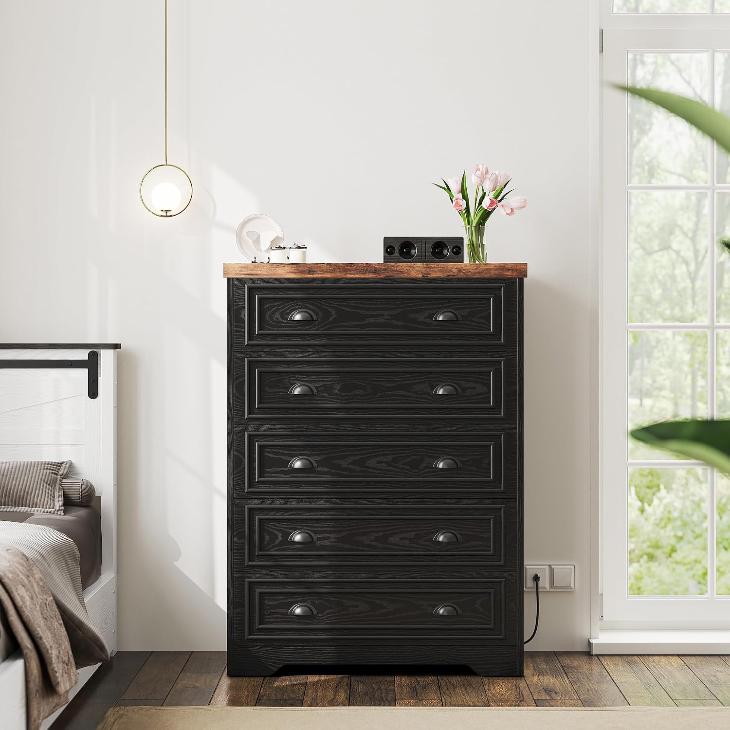 LIKIMIO 43' Tall 5 Drawers Dresser for Bedroom, Power Strip, Farmhouse Large Wood Dressers & Chest of Drawers with Wide Storage Cabinet, Black
