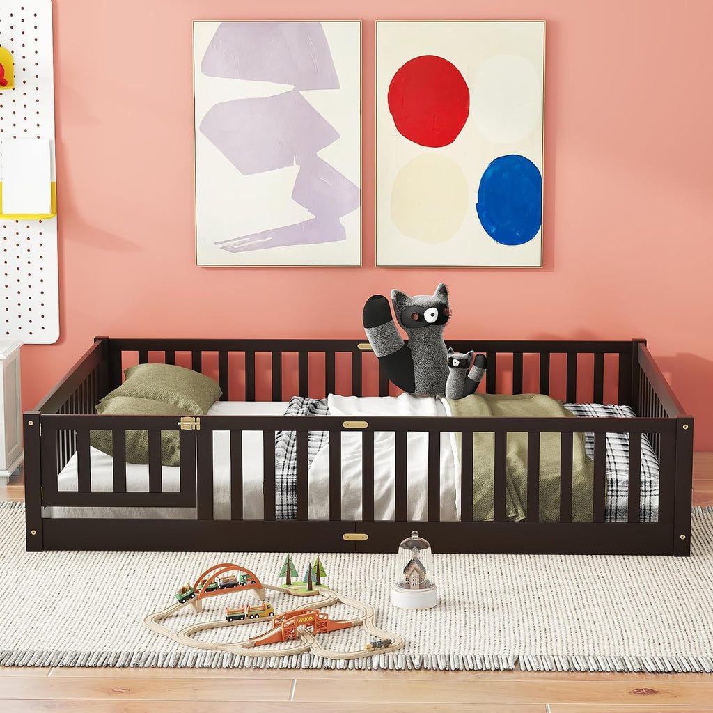 Queen Size Floor Bed with Door and Fence for Kids, Montessori Floor Bed with Slats and Safety Guardrails,Solid Wood Queen Bed Frame for Girls Boys(Queen,Espresso)