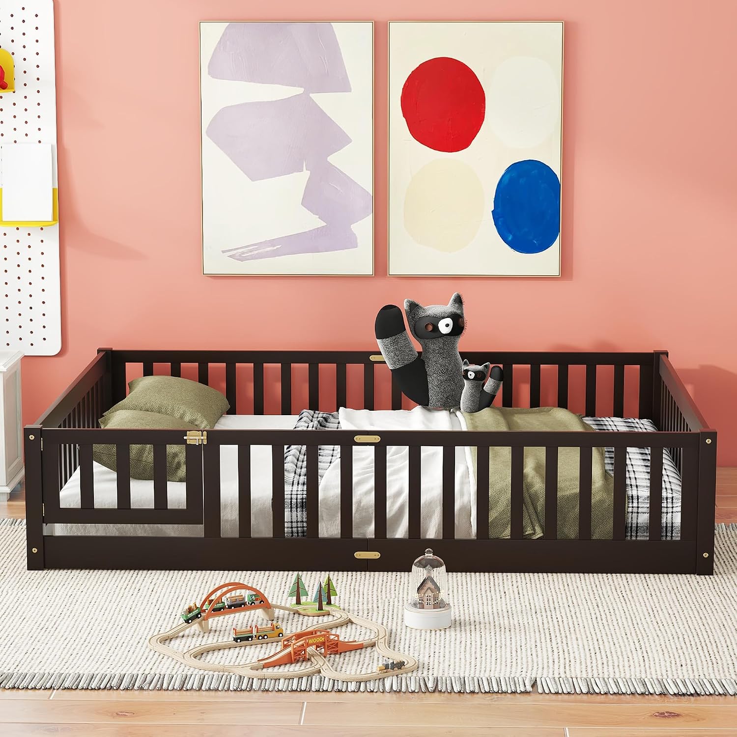 Queen Size Floor Bed with Door and Fence for Kids, Montessori Floor Bed with Slats and Safety Guardrails,Solid Wood Queen Bed Frame for Girls Boys(Queen,Espresso)