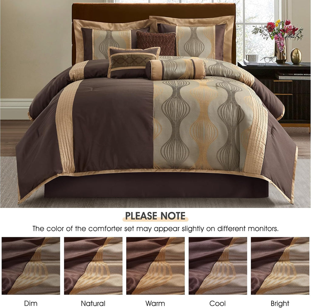 LANCO MODERN LIFESTYLE Queen Comforter Set, Brown, 7 Pieces Bed in a Bag, Ultra Soft Jacquard with Solid Piecework, Luxury Bed Set with Comforters, Bed Skirt, Pillow Shams and Decorative Pillows