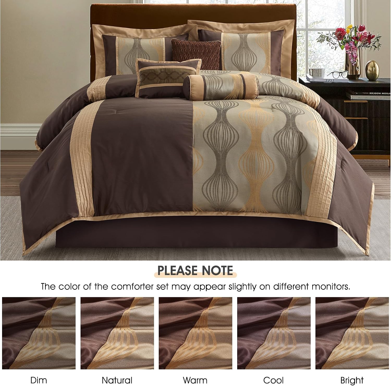 LANCO MODERN LIFESTYLE Queen Comforter Set, Brown, 7 Pieces Bed in a Bag, Ultra Soft Jacquard with Solid Piecework, Luxury Bed Set with Comforters, Bed Skirt, Pillow Shams and Decorative Pillows