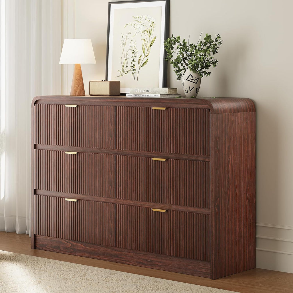 FURSUN Fluted 6 Drawers Dresser for Bedroom, 54' Wide Wooden Dresser with Metal Handle, Curved Profile Design, Modern Storage Organizer for Bedroom, Living Room, Hallway, Dark Walnut
