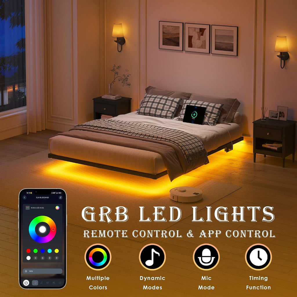 YORMDMO Floating Bed Frame King Size, Heavy Duty Bedframe with Smart LED Lights & Charging Station, Modern Metal Platform Bed, Easy Assembly No Box Spring Needed, 8 Inch