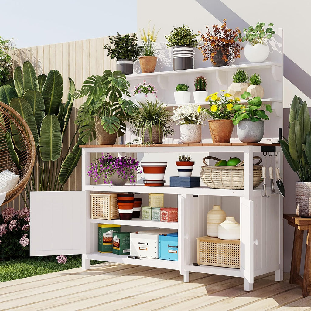 Merax Potting Bench,50.2' W Solid Fir Wood Garden Workstation, Large Countertop, 2 Shelves, 2 Cabinets, 3 Side Hooks, Outdoor Planting Table for Gardening, White