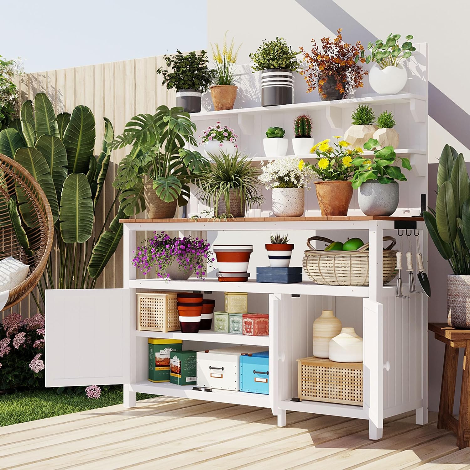 Merax Potting Bench,50.2' W Solid Fir Wood Garden Workstation, Large Countertop, 2 Shelves, 2 Cabinets, 3 Side Hooks, Outdoor Planting Table for Gardening, White