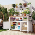 P PURLOVE Outdoor Potting Bench with Hutch,50.2' Wood Garden Workstation Table with Shelves,2 Cabinets, 3 Side Hooks, Outdoor Planting Table for Gardening,White