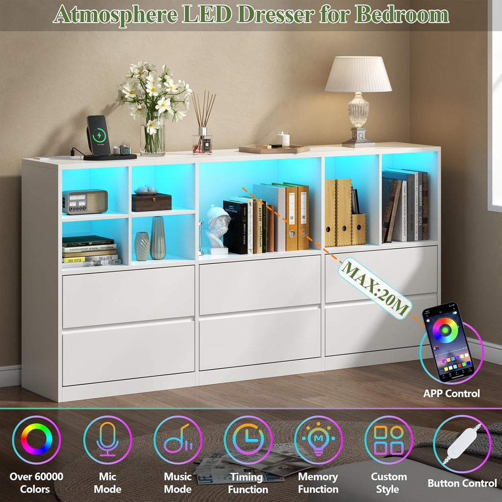 Gyfimoie White Dresser for Bedroom with 6 Drawers, Chest of Drawers with Led Lights&Charging Station, 63' Long Dresser with 7 Open Cubbies, Storage Drawers for Living Room, Closet, Hallway (White)