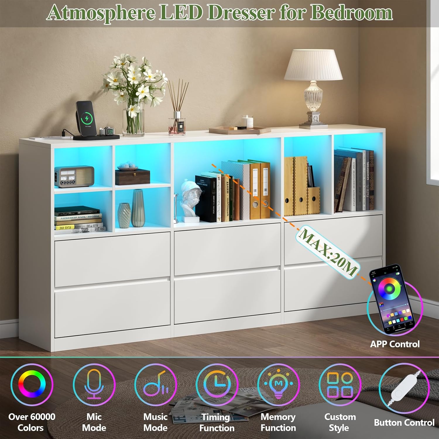 Gyfimoie White Dresser for Bedroom with 6 Drawers, Chest of Drawers with Led Lights&Charging Station, 63' Long Dresser with 7 Open Cubbies, Storage Drawers for Living Room, Closet, Hallway (White)