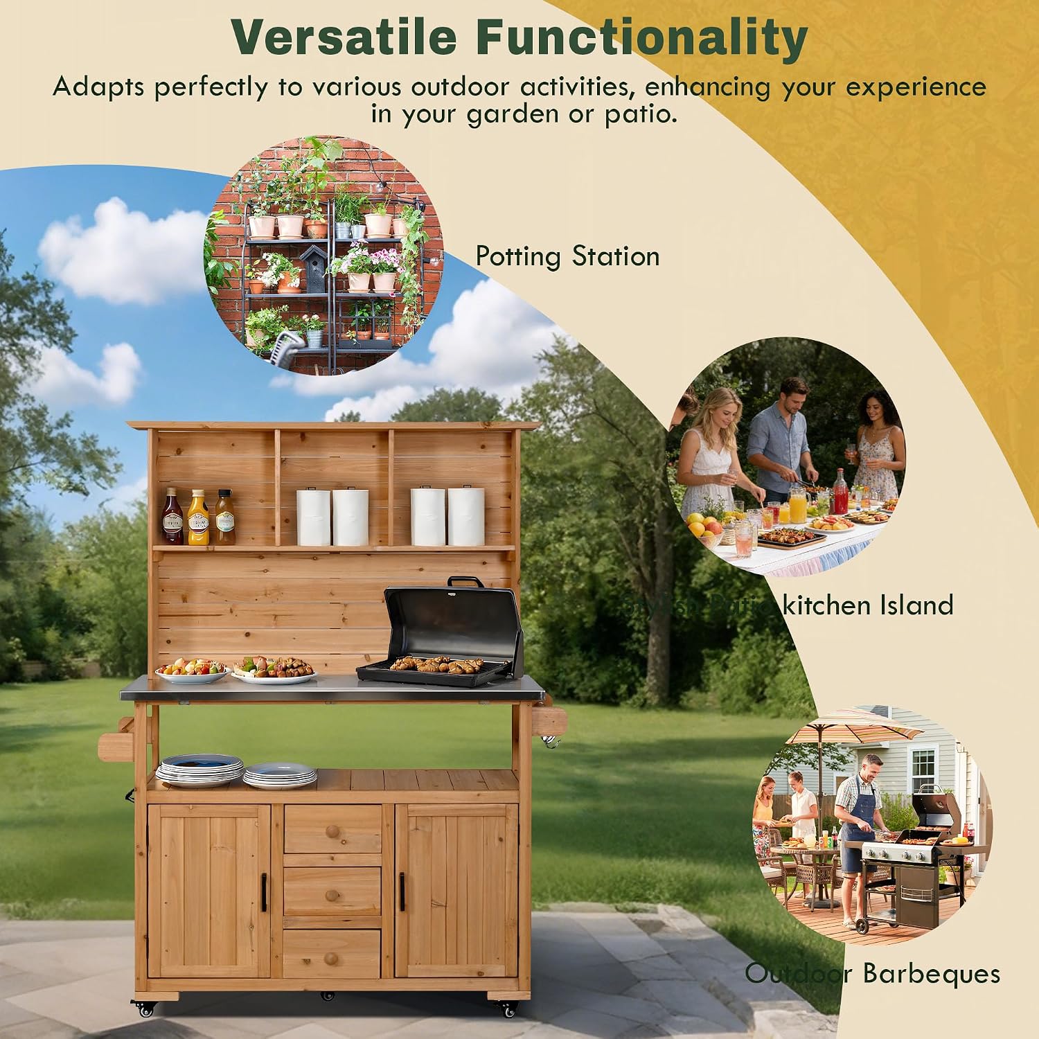 Potting Benches for Outside with Stainless Steel Top, 65''H Fir Wood Potting Bench with Storage, Outdoor Gardening Table (Natural)