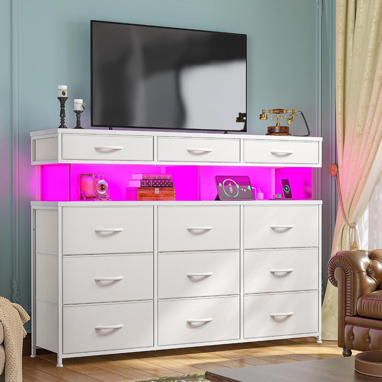 Romorgniz White Dresser for Bedroom with Charging Station and LED Lights, Fabric Dressers & Chest of Drawers, Dresser TV Stands for Living Room, Open Shelves, 10MM Thick Acrylic Sheet