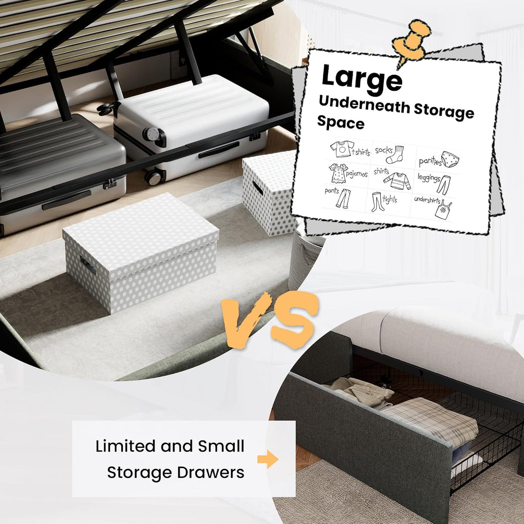 SHA CERLIN Queen Size Lift Up Storage Bed/Modern Wingback Headboard/Upholstered Platform Bed Frame/Hydraulic Storage/No Box Spring Needed/Wood Slats Support/Dark Grey
