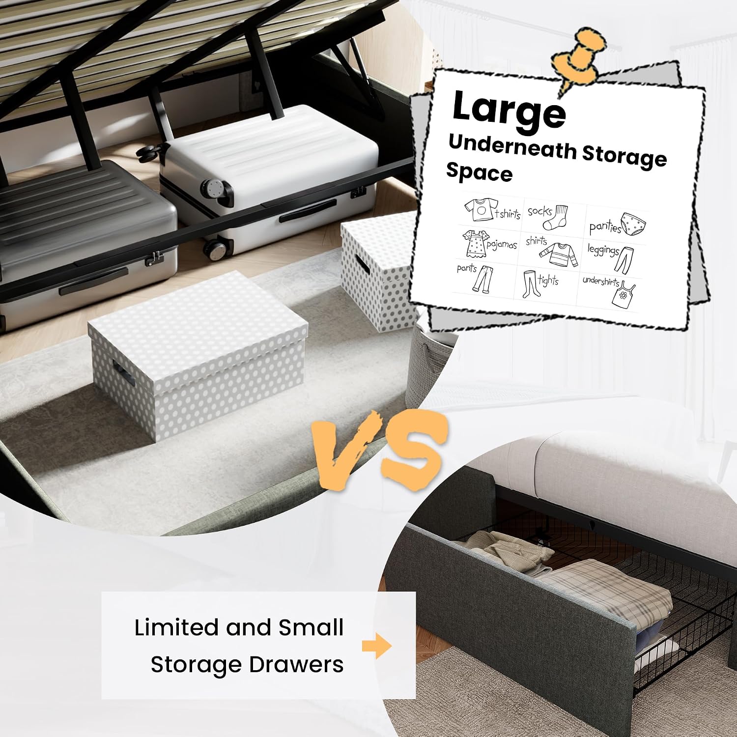 SHA CERLIN King Size Lift Up Storage Bed/Modern Wingback Headboard/Upholstered Platform Bed Frame/Hydraulic Storage/No Box Spring Needed/Wood Slats Support/Dark Grey