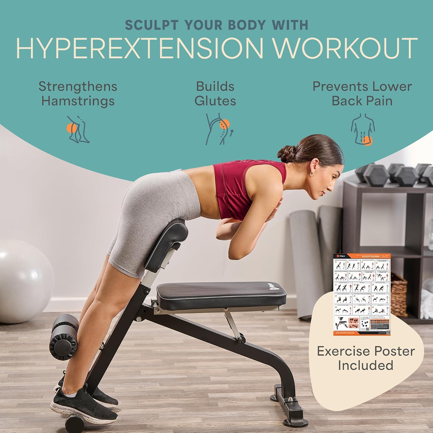LifePro SculptTrainer Roman Chair with 330 lb Capacity — Incline Adjustable Hyperextension Bench for All-in-One Body Workout — Foldable Home Gym Back Extension Machine for Glutes, Core & Lower Back