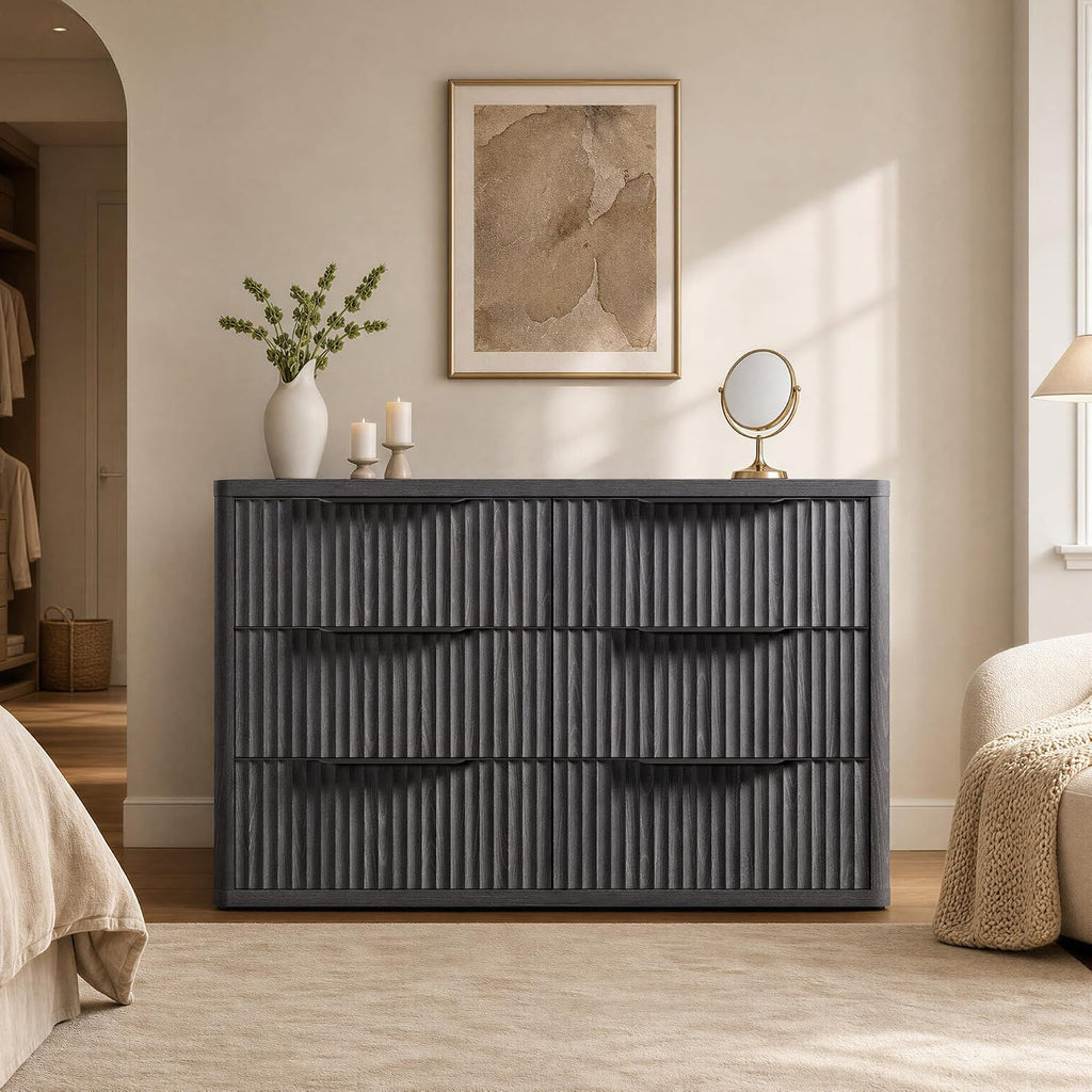 SICOTAS Dresser for Bedroom 53.5' Wide 6 Drawer Dressers & Chests of Drawers for Closet Long Large Modern TV Stand Set for Clothes Storage Fluted Clothes Closet for Hallway Entryway, Dark Grey Alder