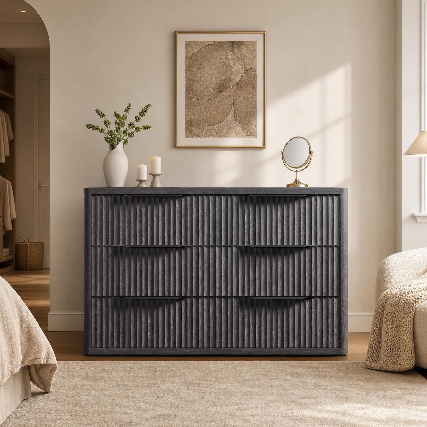 SICOTAS Dresser for Bedroom 53.5' Wide 6 Drawer Dressers & Chests of Drawers for Closet Long Large Modern TV Stand Set for Clothes Storage Fluted Clothes Closet for Hallway Entryway, Dark Grey Alder