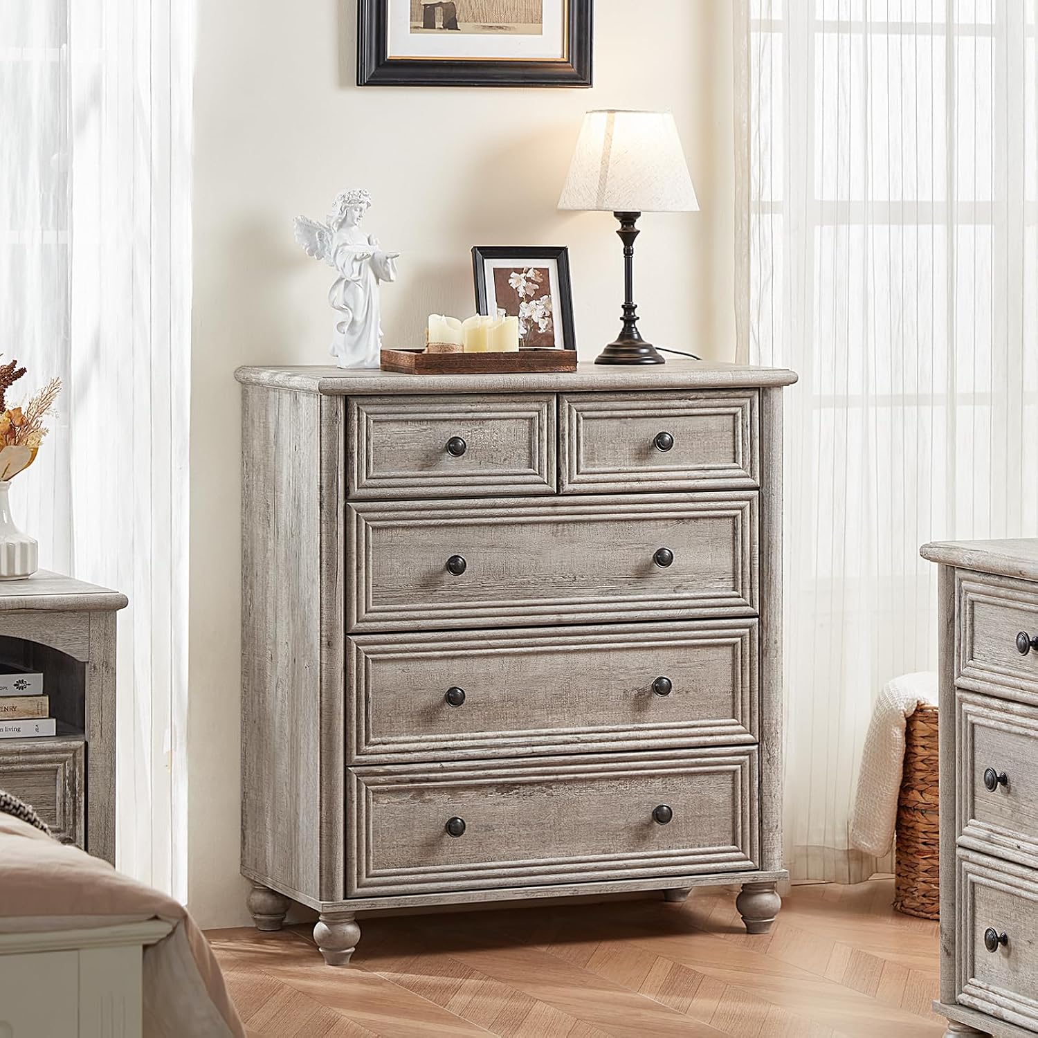 RWYHG Farmhouse 5 Drawer Dresser for Bedroom, 35.5' Tall Small Dressers & Chest of Drawers, Rustic Wood Dresser with Roman Column, Storage Organizer for Living Room, Hallway, Closet (Grey)