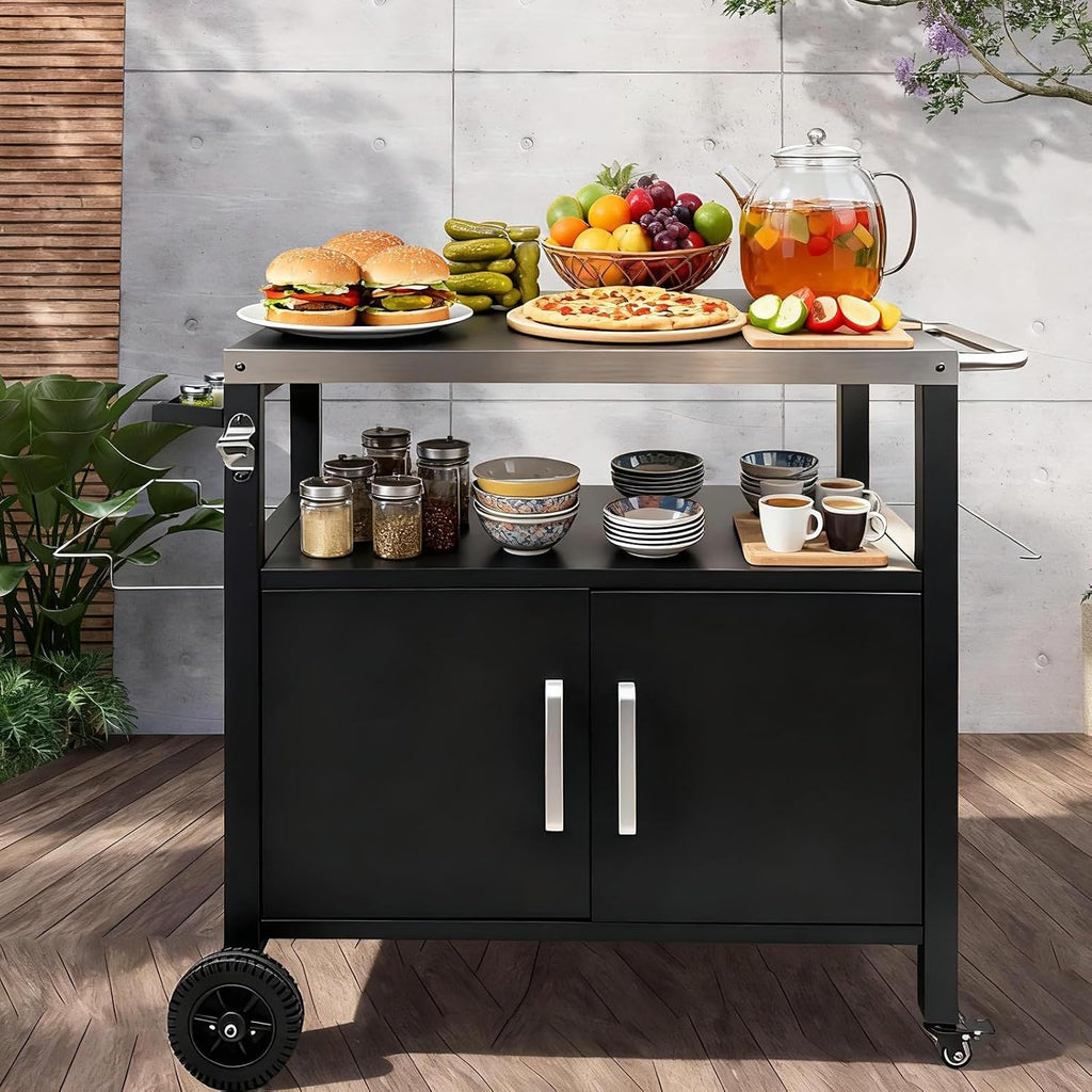 Grill Cart with Storage, 44 Inch Heavy Duty Outdoor Kitchen Cart on Wheels, Mobile BBQ Prep Table with Stainless Steel Top & Enclosed Cabinet for Pizza Oven, Tailgating & Camping