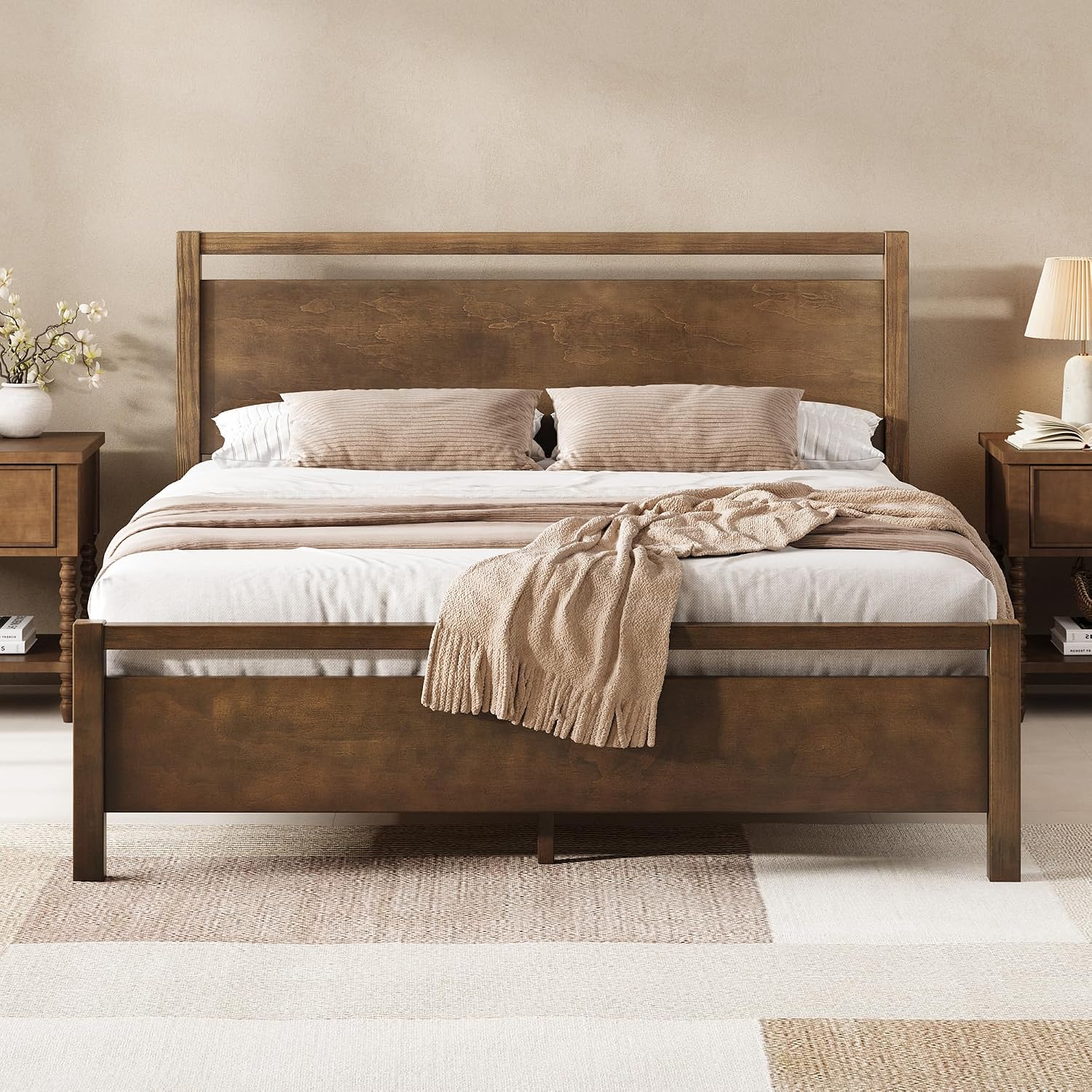 AMERLIFE Full Size Solid Wood Bed Frame with Headboard, Minimalist Platform Bed with Wooden Slats Support/No Box Spring Needed/Easy Assembly/Noise-Free, Dark Brown