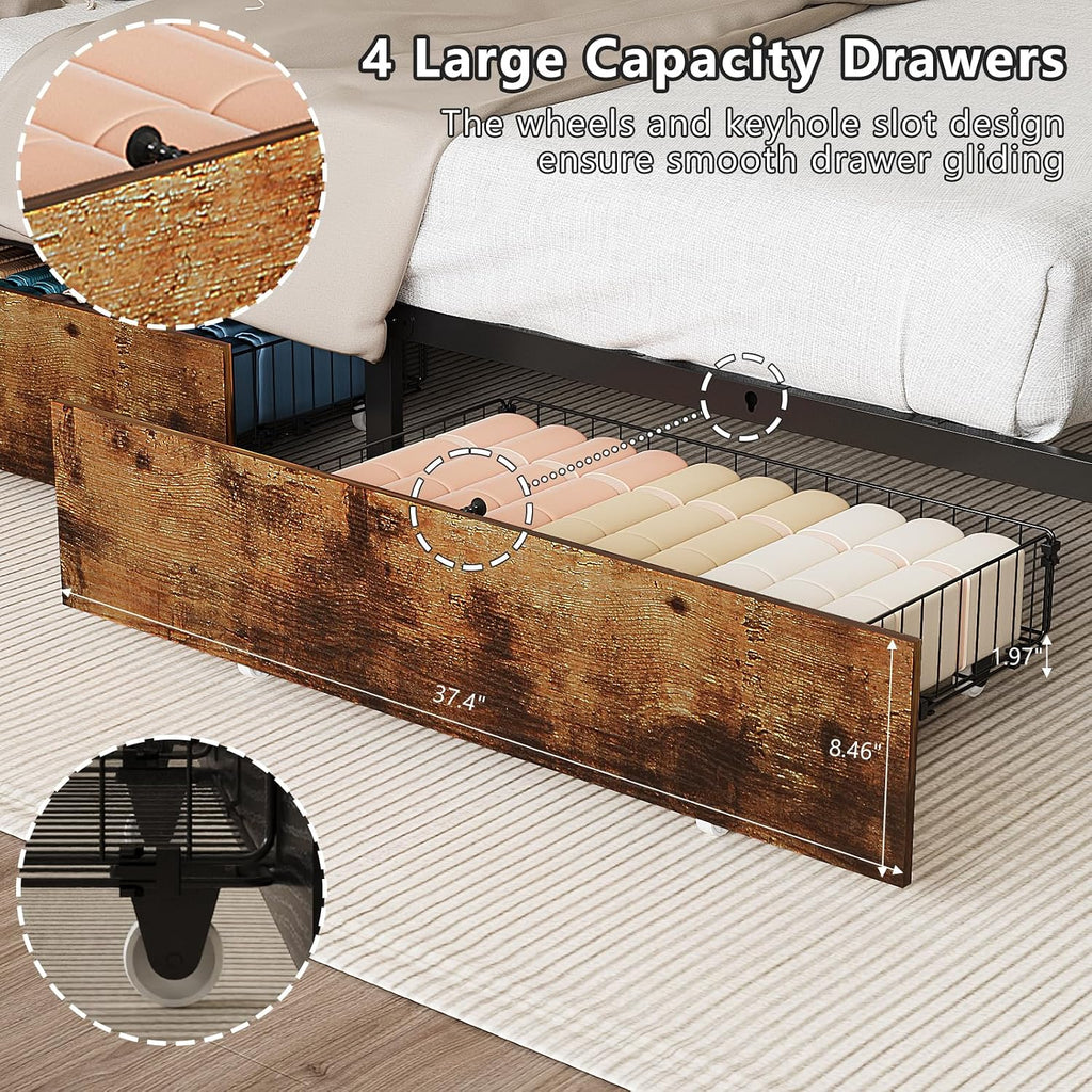 VINGLI Bed Frame Twin Size with 4 Storage Drawers and Storage Headboard, Metal Platform with Charging Station and LED Lights, No Box Spring Needed, Easy Assembly, Vintage Brown