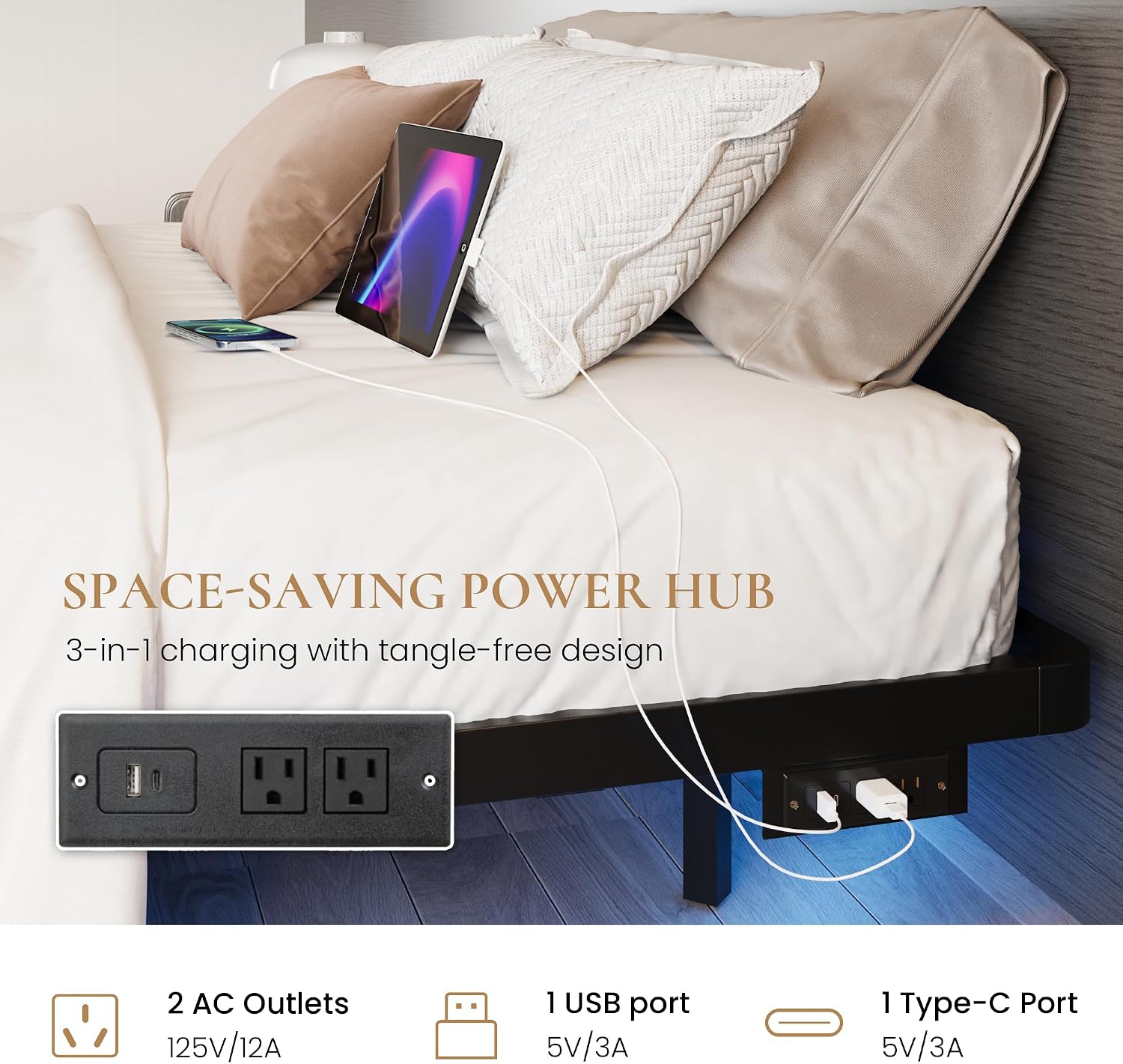 SHA CERLIN Floating Bed Frame King Size with Smart LED Lights and Charging Station, Heavy Duty Metal Platform Bed with Modern Design,No Box Spring Needed, Easy Assembly, Matte Black