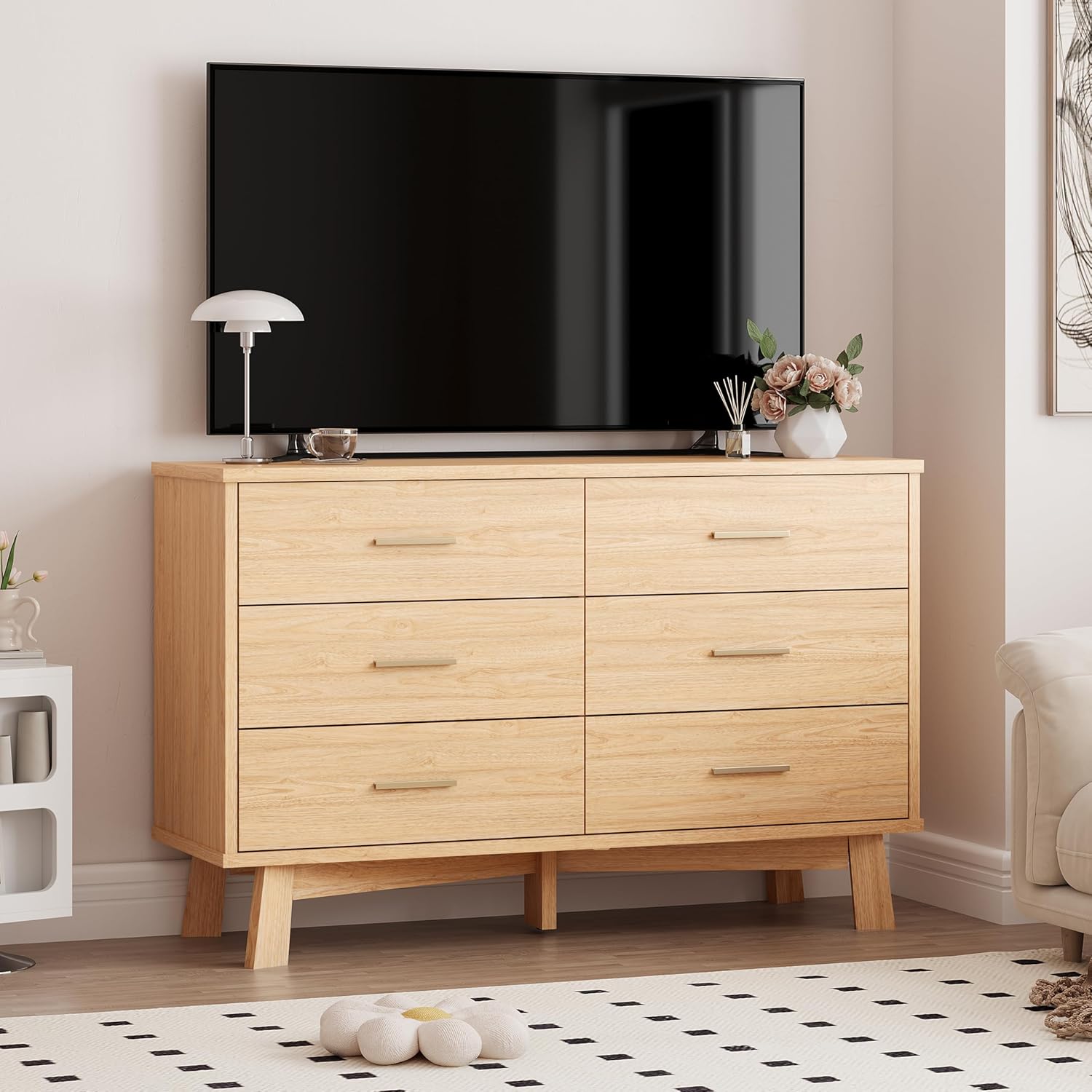 Xixini Dresser for Bedroom, 6 Drawer Wide Modern Chest of Drawers with X-Shaped Sturdy Base, Wood Double Dresser Closet Clothes Storage Organizer, Wooden TV Stand for Living Room, Hallway, Oak