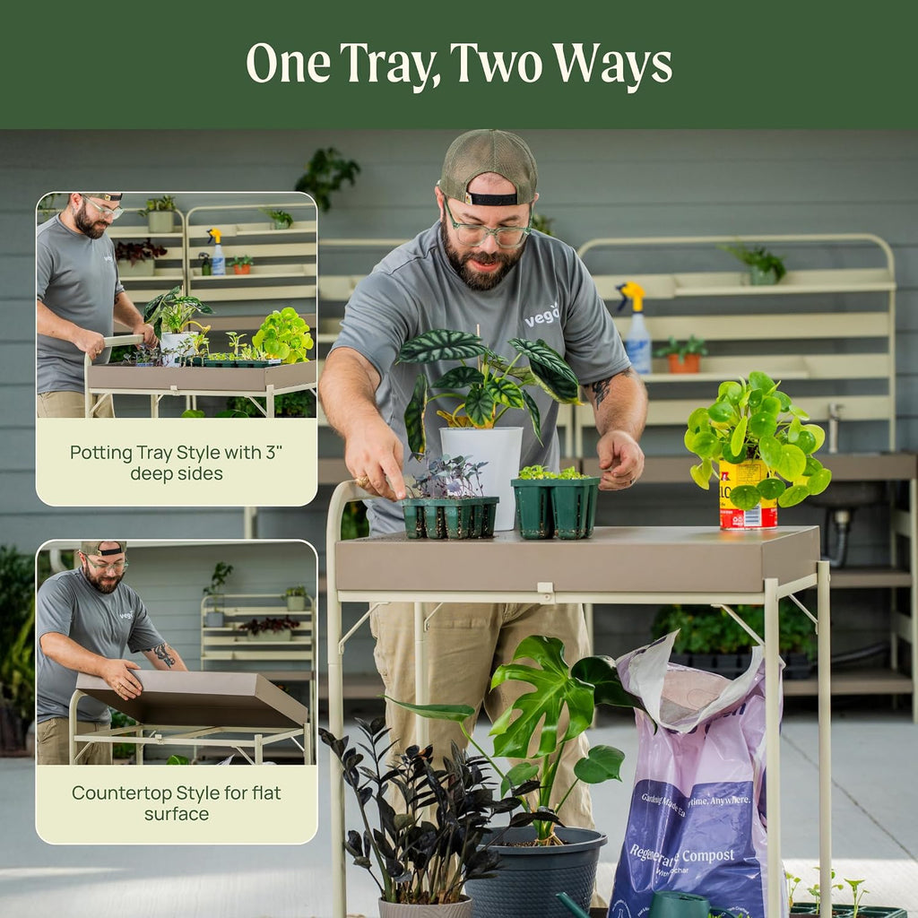 Vego Garden Potting Cart, Gardening Workstation with Wheels and Removable, Reversible Trays for Outdoor