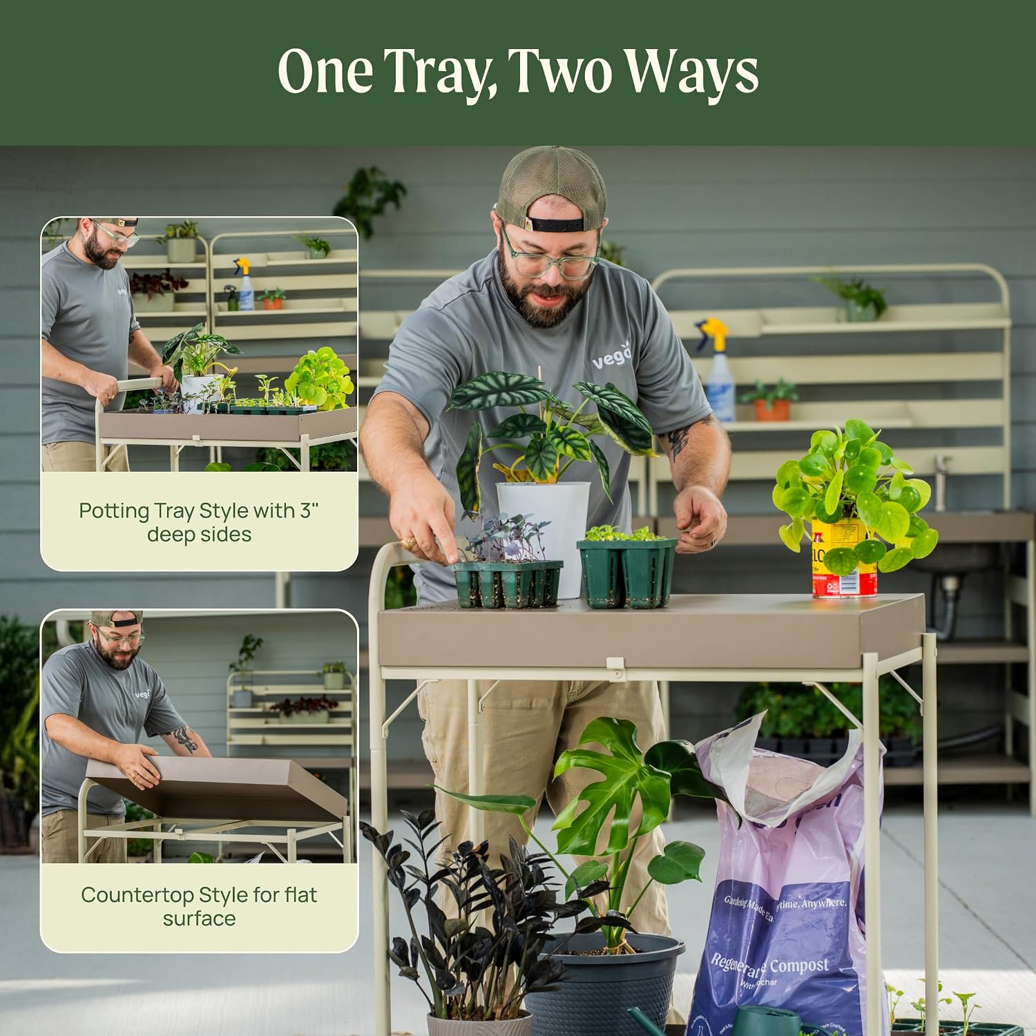 Vego Garden Potting Cart, Gardening Workstation with Wheels and Removable, Reversible Trays for Outdoor